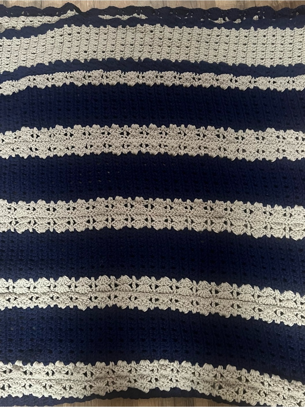 VTG Navy and Cream Crochet Throw Blanket